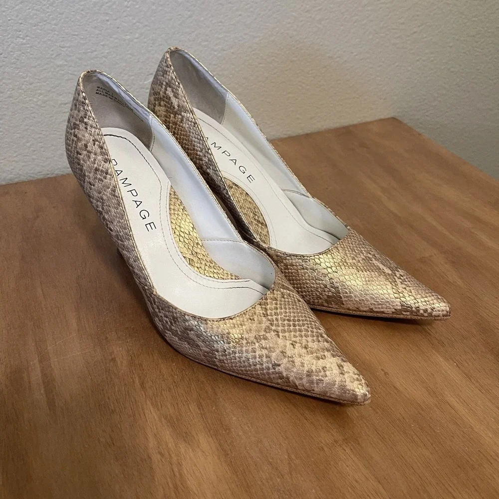 Rampage Maria Stiletto Pumps Pointed Toe Heel Gold‎ Snakeskin Metallic Size 7.5